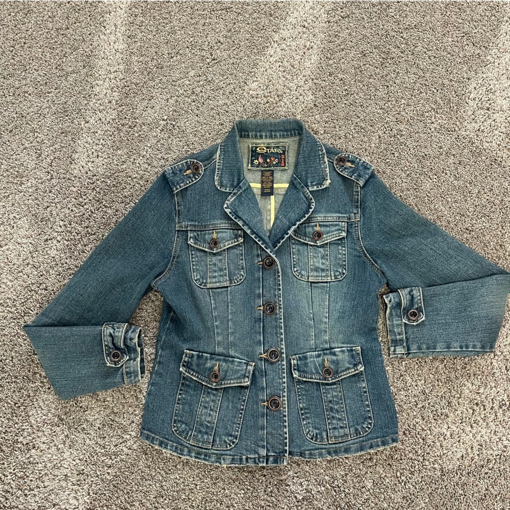 Star Jeans Denim Military Utility Jacket Women’s Size Medium Medium Wash Y2K - Picture 3 of 9